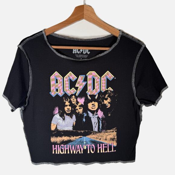AC/DC “Highway to Hell” Cropped T‑Shirt Women’s Large Black Graphic Baby Tee - Picture 2 of 7